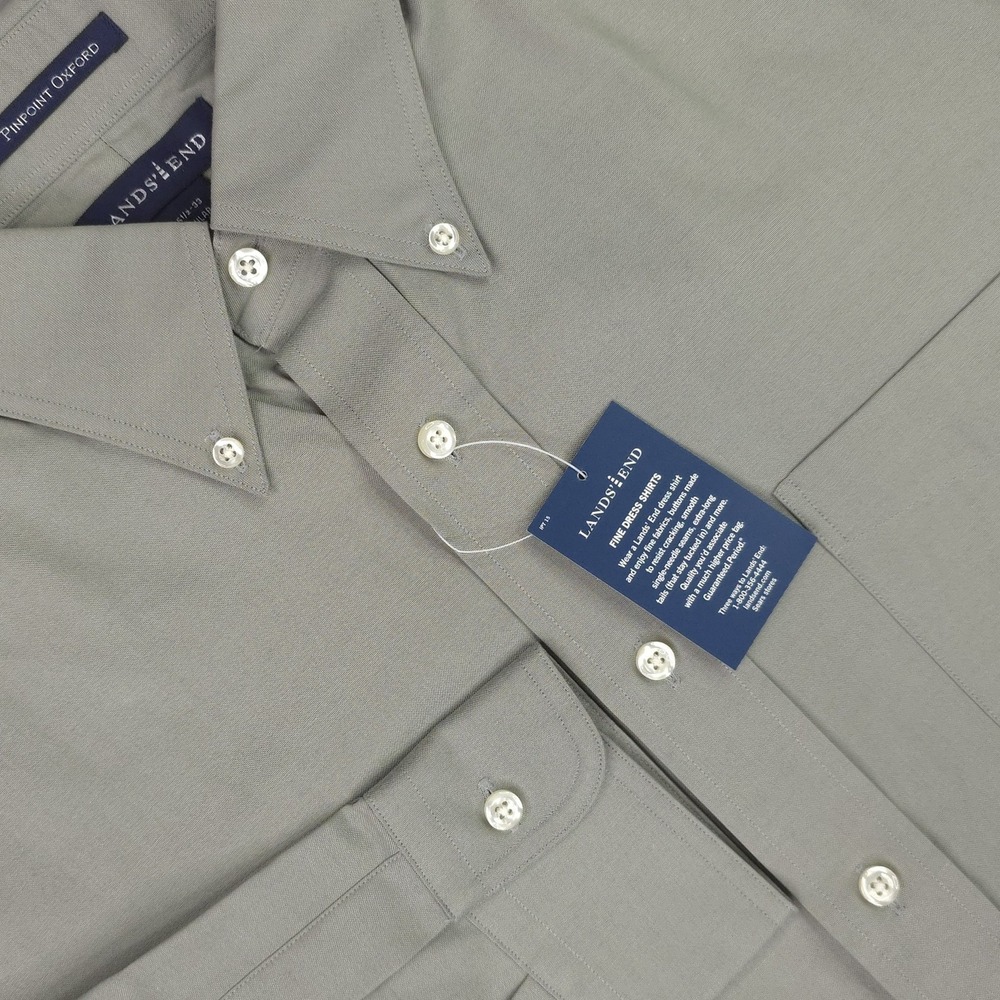 Lands' End Mens 15.5 33 Light Gray Pinpoint Oxford Button Down Shirt NEW